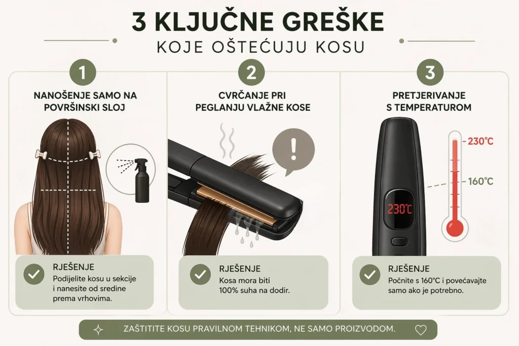 Infografika koja prikazuje 3 najčešće greške pri zaštiti kose od topline: površinsko nanošenje, peglanje vlažne kose i previsoka temperatura.