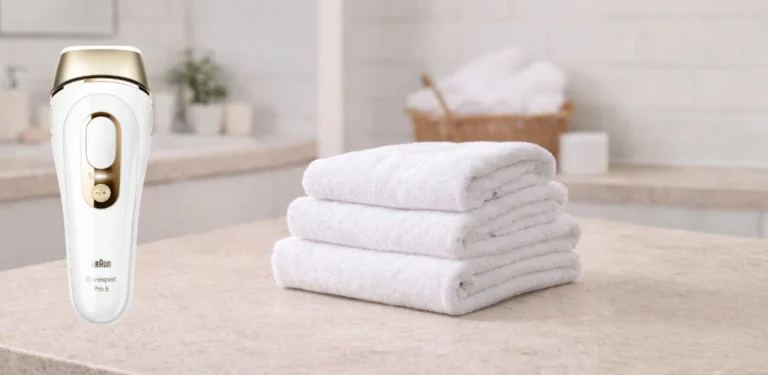 Braun Silk-expert Pro 5 PL5157 IPL uređaj na kupaonskom pultu uz bijele ručnike