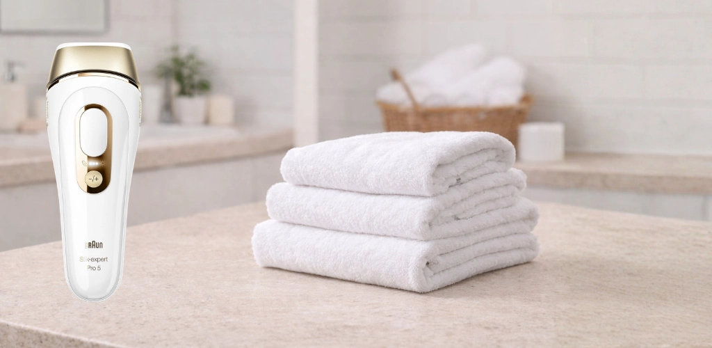 Braun Silk-expert Pro 5 PL5157 IPL uređaj na kupaonskom pultu uz bijele ručnike