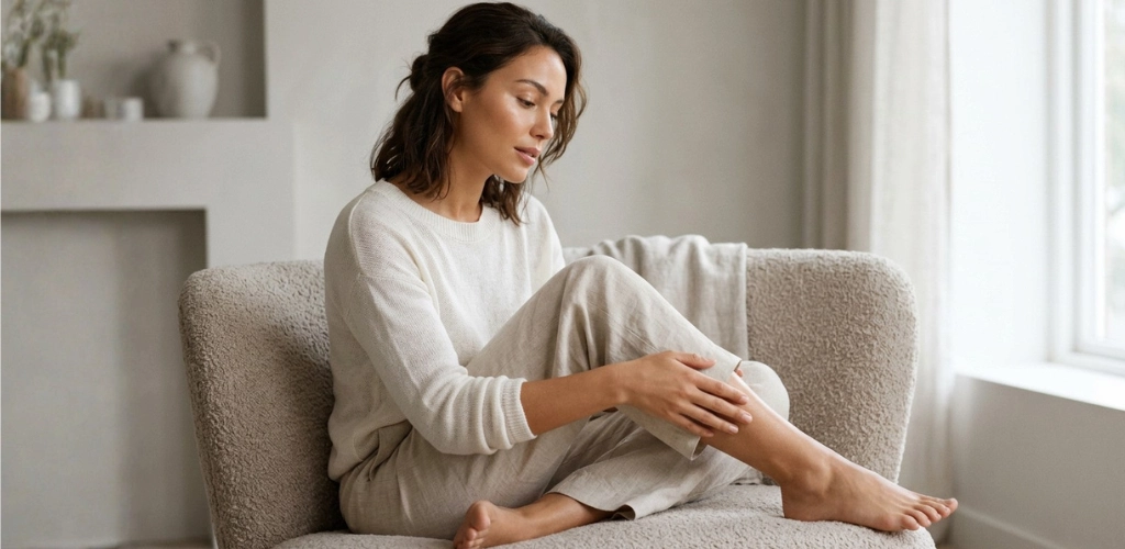 Žena njeguje glatke noge tijekom kućne depilacije epilatorom Braun Silk-epil 9 Flex – rutina uklanjanja dlačica