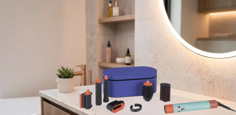 Dyson Airwrap multistyler s nastavcima i kutijom u modernoj kupaonici – detaljna recenzija i iskustva.