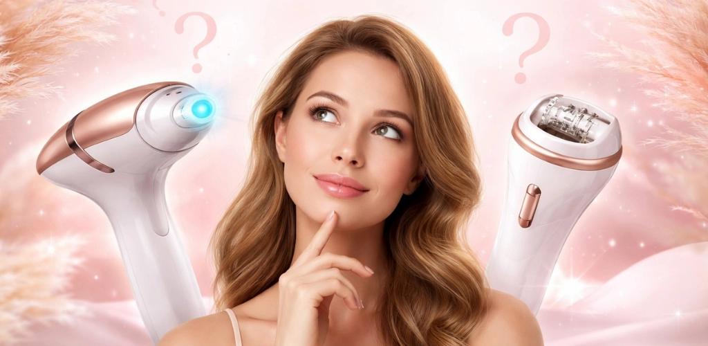 IPL i Epilator usporedba – žena bira između IPL uređaja i epilatora za uklanjanje dlačica kod kuće.