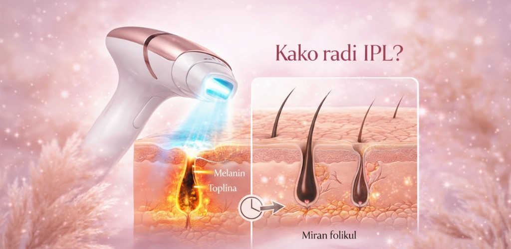 Kako radi IPL uklanjanje dlačica – svjetlosni impulsi ciljaju melanin u folikulu i usporavaju rast dlake.