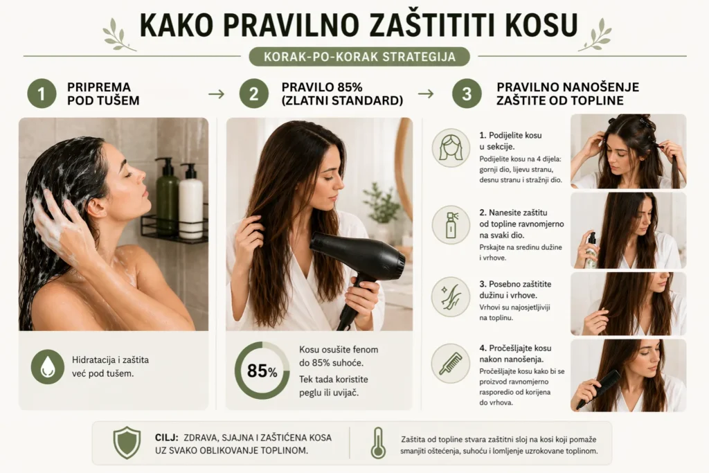 Infografika kako pravilno zaštititi kosu od topline kroz pripremu pod tušem, pravilo 85% i pravilno nanošenje zaštite od topline.