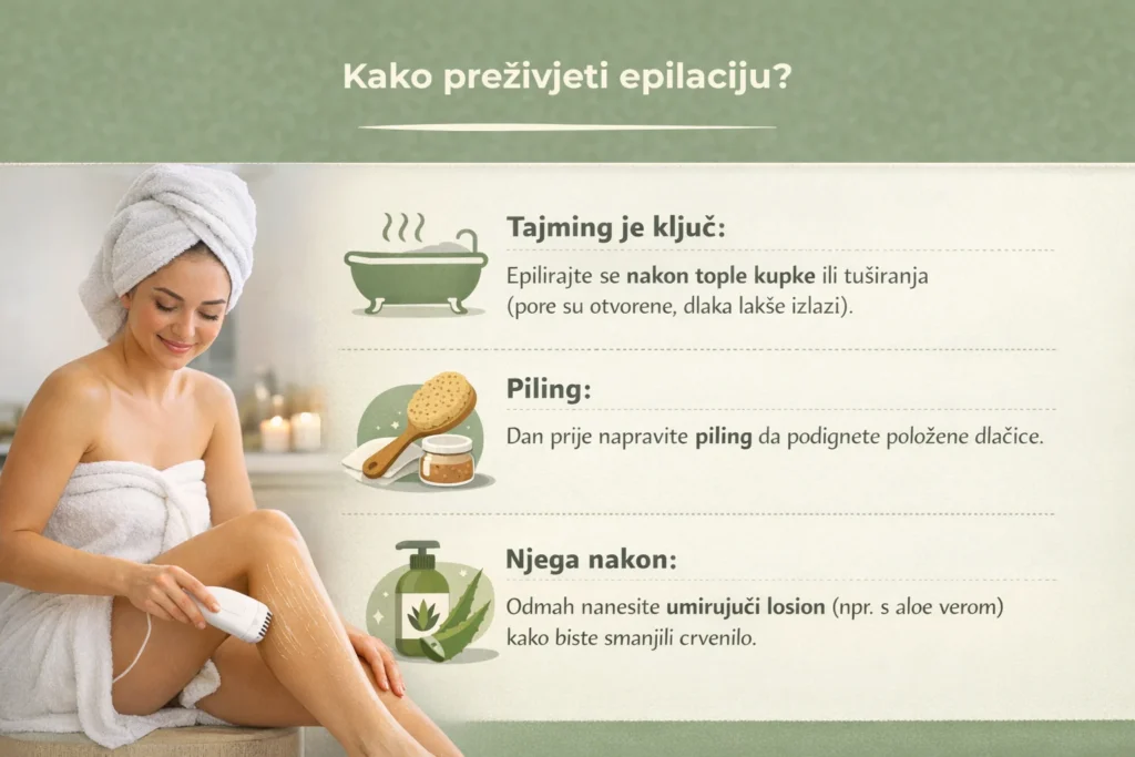 Infografika kako preživjeti epilaciju trikovi protiv boli topla kupka piling njega kože nakon epilacije.
