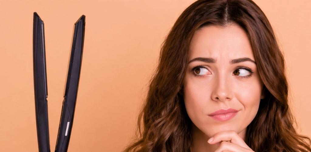 Žena promatra peglu za kosu uz zabrinut izraz lica na bež pozadini.