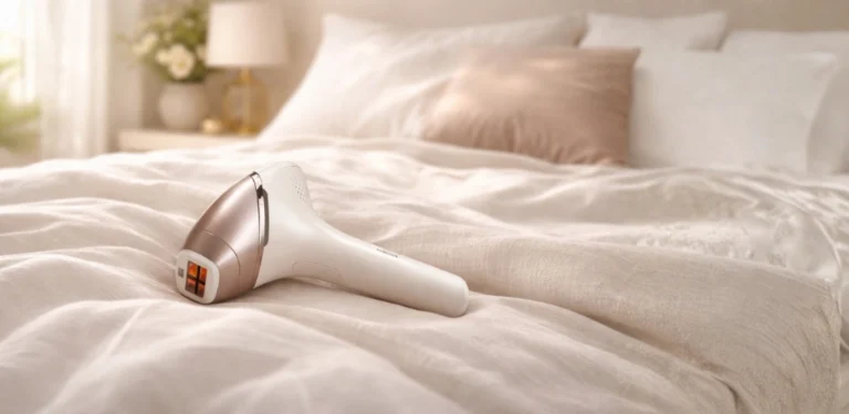 Philips Lumea IPL 9900 na posteljini – moderan beauty uređaj za kućnu upotrebu.