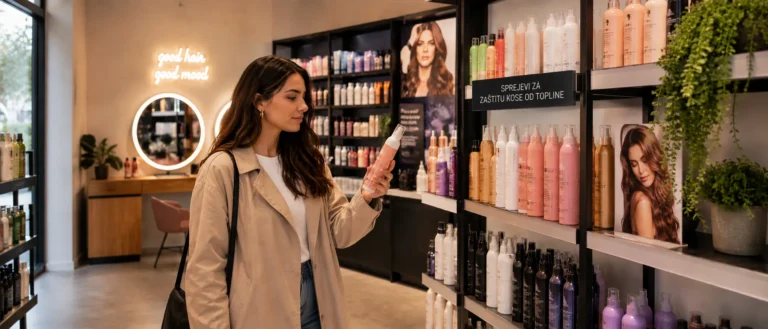 Žena u beauty shopu bira sprej za zaštitu kose od topline među proizvodima za njegu i stiliziranje kose.