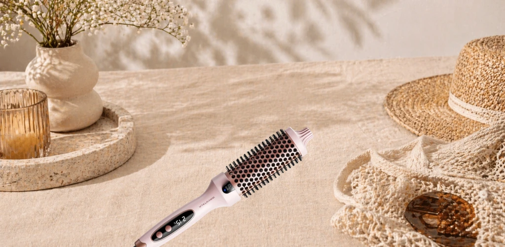 Wavytalk termalna četka za kosu na bež ljetnom stolnjaku uz torbu i sunčane naočale.