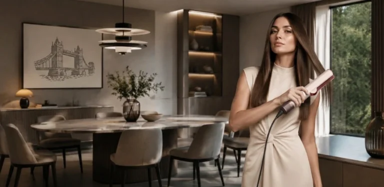 Žena ravna dugu kosu Dyson Airstrait uređajem u modernoj blagovaonici.