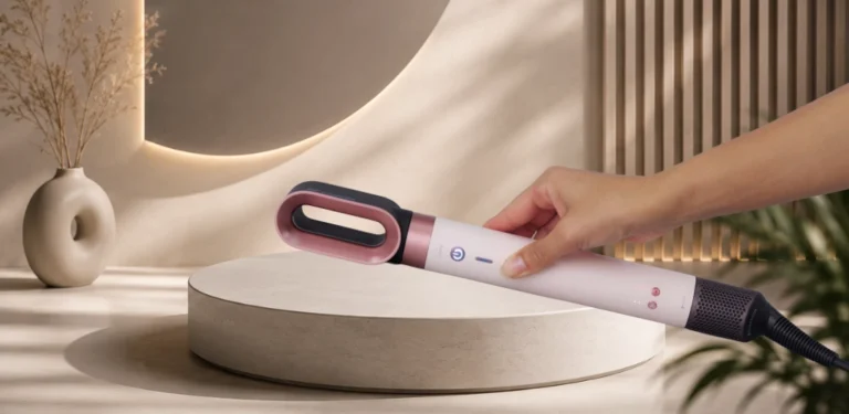 Dyson Airwrap Coanda 2x u Ceramic Pink nijansi tijekom oblikovanja kose na modernoj beauty podlozi