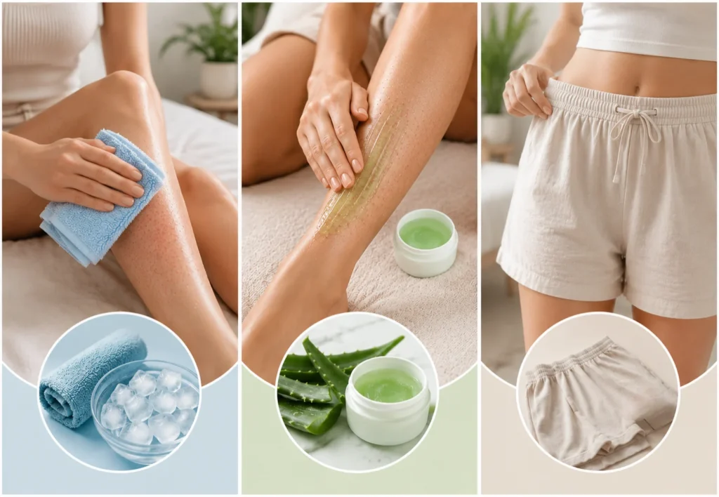 Infografika s koracima za smirivanje kože nakon depilacije: hladan oblog, aloe vera gel i široka pamučna odjeća.