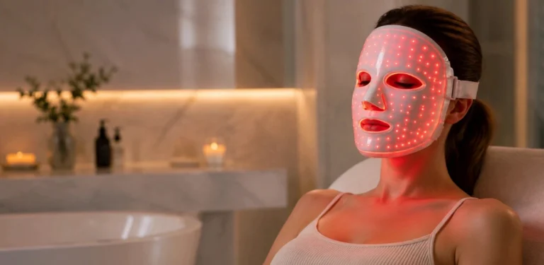 Žena koristi LED masku za lice tijekom tretmana protiv bora i znakova starenja kože